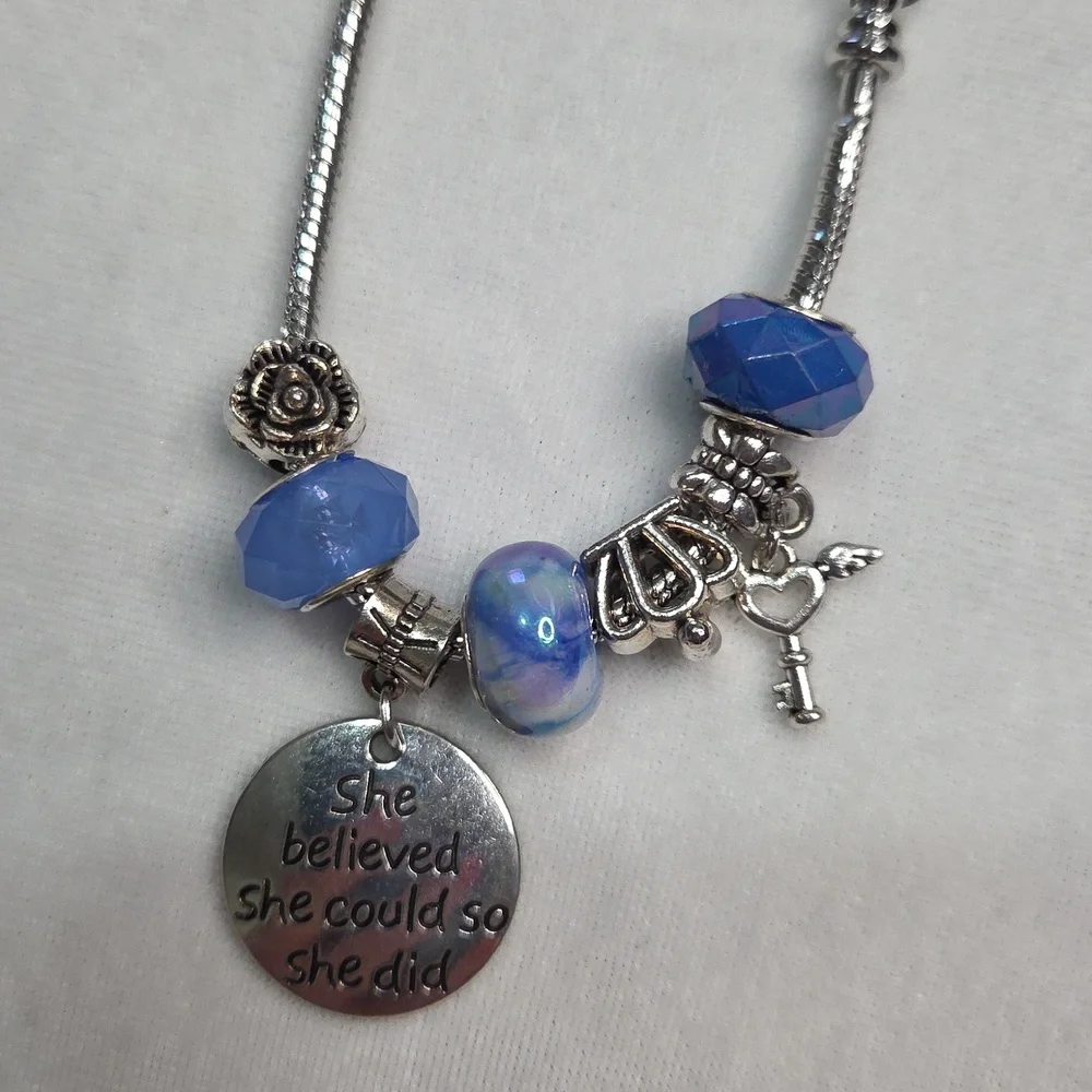 Blue Silver Beaded Charm Bracelet Silver Tone Heart Key Charms Crown Flower bead